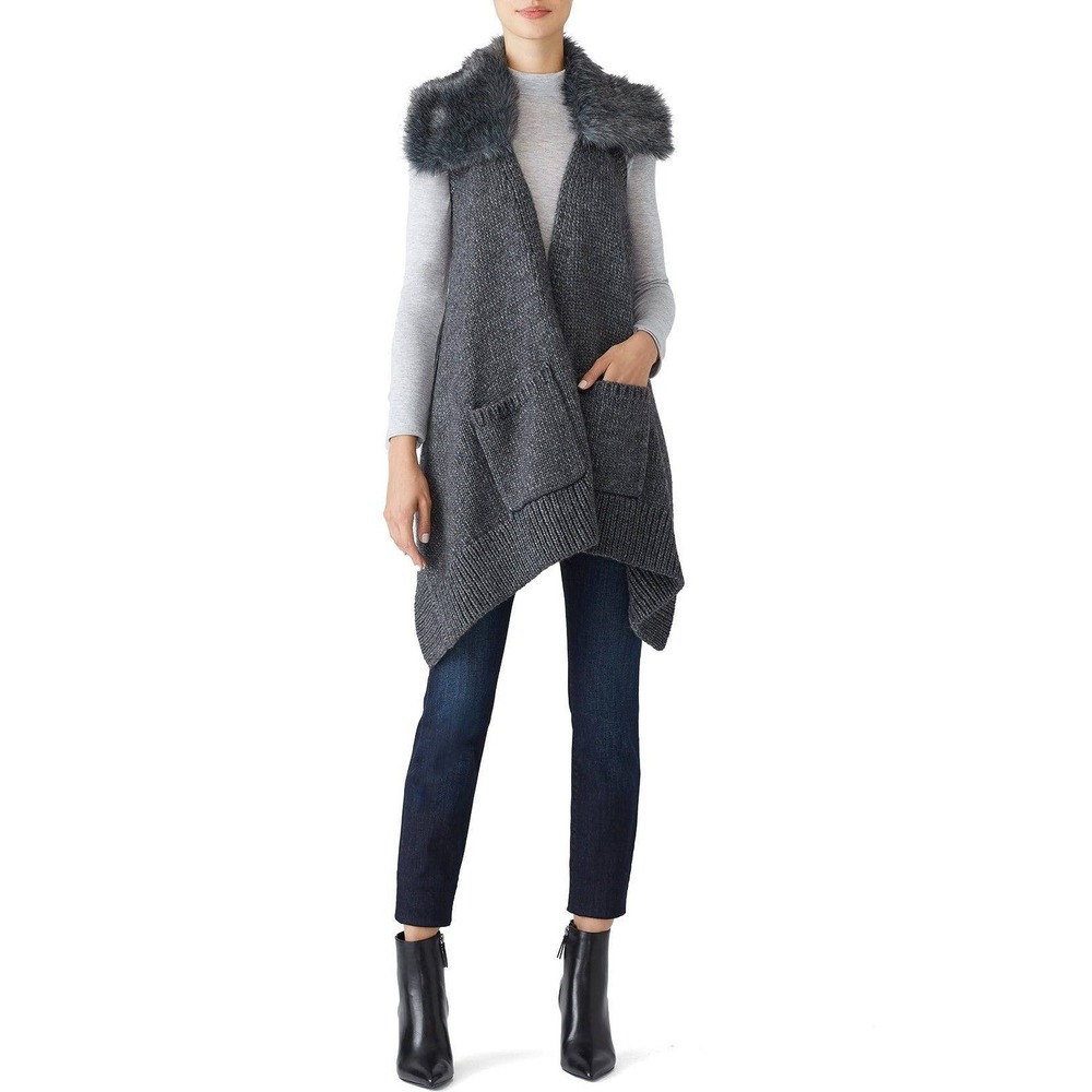 Kaufmanfranco Gray Merino Wool Blend‎ Knit Vest Faux Fur Collar Pockets Size L